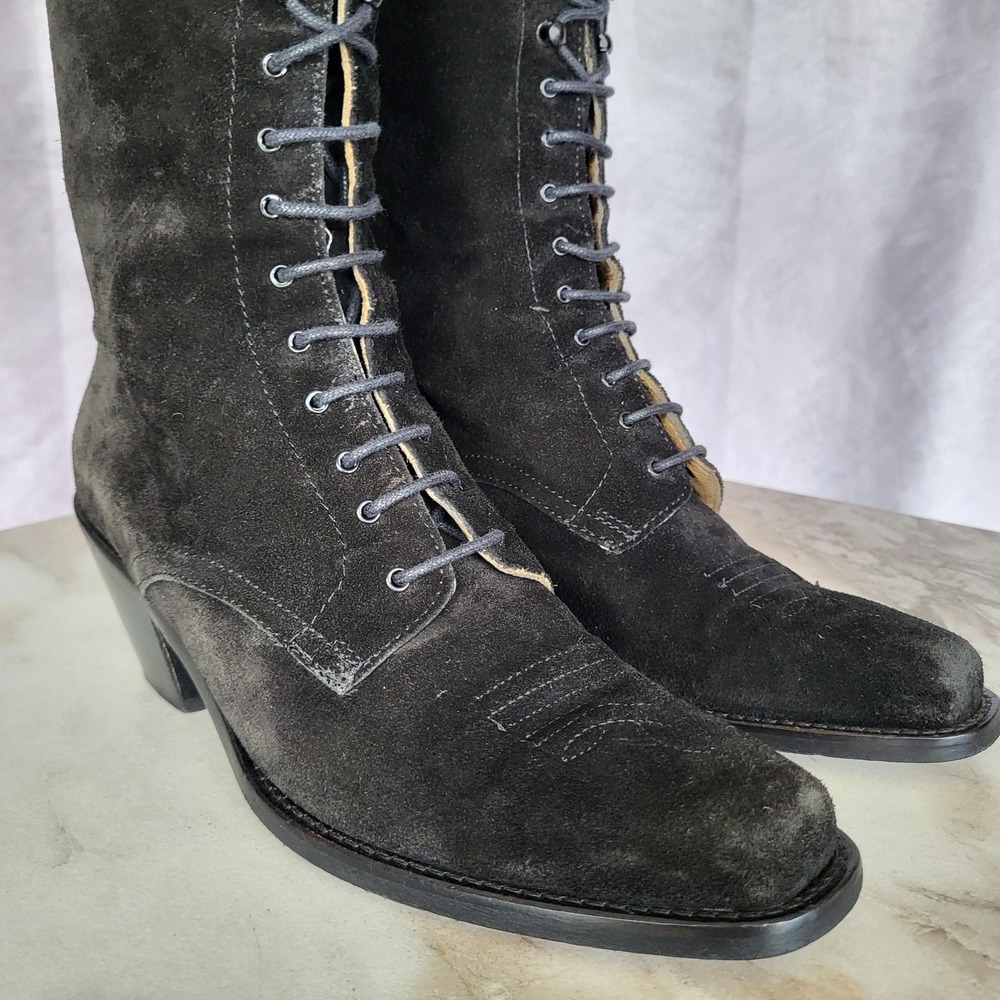 Joan David Tall Lace Up Black Suede Western Boots Womens Size 38 Square Toe - Picture 5 of 16